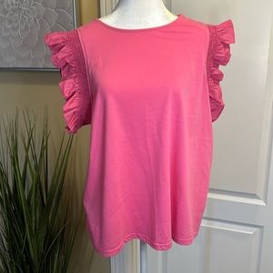 BiBi Pink Rouched Petal Short Sleeve Blouse Large
